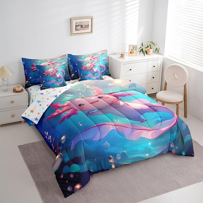 Feelyou Kids Cute Axolotl Bed in A Bag Twin Size, Cartoon Salamander Comforter Set with Sheets Kawaii Animal 7 Pieces Bedding Set Boys Girls Ocean Sealife Teens Bed Set Bedroom Decor 7Pcs