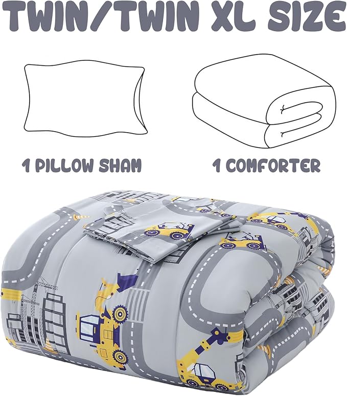 Yibeizi Twin Bed Comforter Set, Kids Lightweight All-Season Comforter Set Cute Truck Pattern Microfiber Breathable Hypoallergenic Soft Oeko-Tex Bedding Comforter Sets