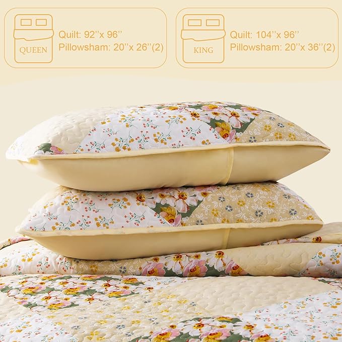 Exclusivo Mezcla Reversible Boho Quilts Queen Size, Yellow Bedspreads Lightweight Coverlet All Season Patchwork Quilt Bedding Set with Printed Floral Pattern (1 Quilt, 2 Pillow Shams)