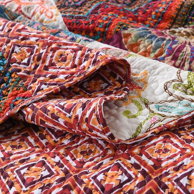 Autumn Dream Cotton Patchwork Bedspread Quilt Sets, Reversible Bedding Coverlet Sets, Red Gorgeous Vintage Pattern, King Size