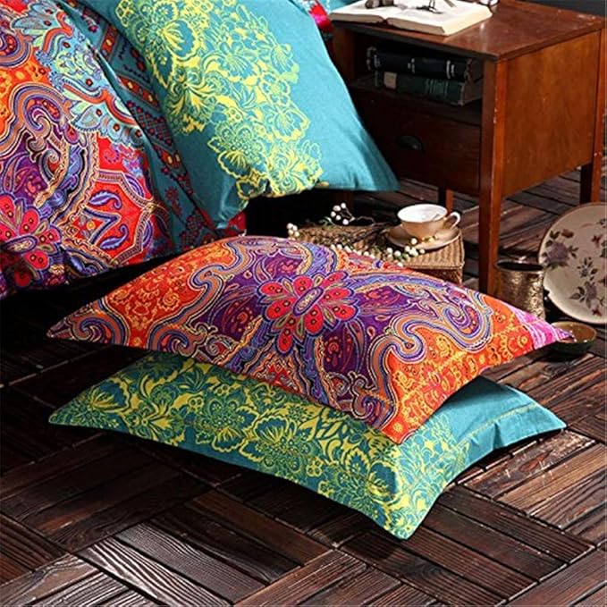 ABREEZE 3Pcs Bohemia Retro Bedding Ethnic Vintage Floral Duvet Cover Boho Bedding 100% Brushed Cotton Bedding Sets Damask Paisley Coloful Mandala Down Comforter Cover,Full