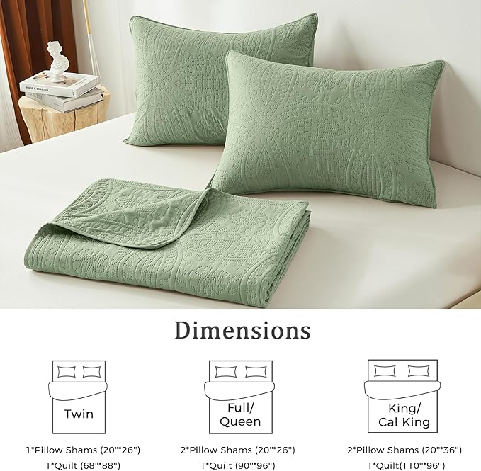 akkialla King Size Quilt Set,Sage Green Ultrasonic Bedspread,Lightweight Soft Coverlet with Modern Coin Pattern,All Season California King Bedding Set,3 Piece Set(1 Quilt,2 Pillow Shams)
