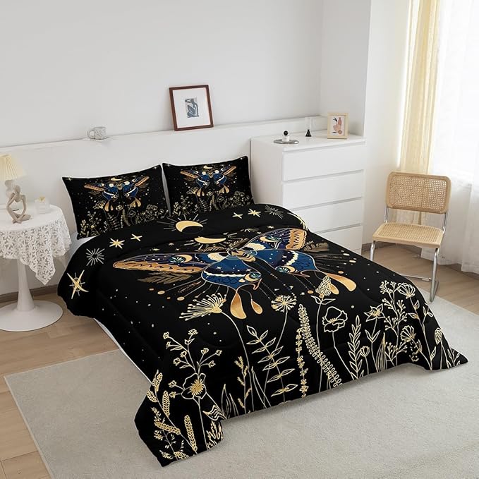 Erosebridal Butterfly Bedding Set Queen,Flower Weed Botanical Duvet Set for Adult Women Men 3Pcs,Black Starry Sky Quilted Comforter Boho Exotic Moon Star Comforter Set Soft Cozy Microfiber