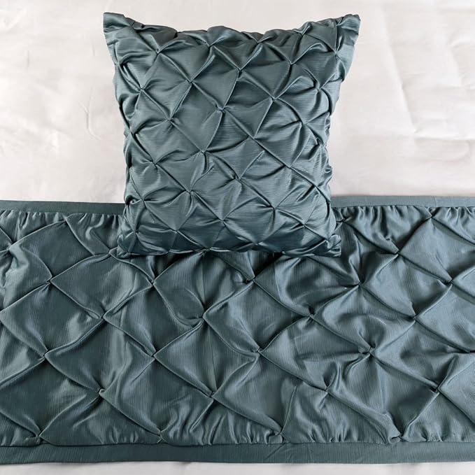 The HomeCentric Decorative Blue Twin 53 x 18 inch Bed Runner with Matching Pillow Cover, Satin Pintucks Bed Scarf, Solid Color Modern - Satin Nights