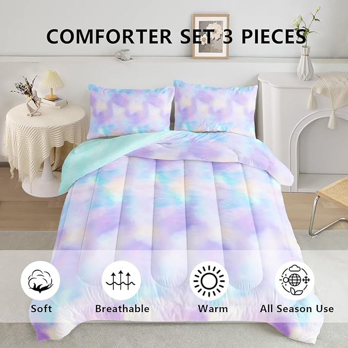 Axolotl Tie Dye Bedding Set Twin,Pink Blue Purple Cloud Comforter Set,Boho Psychedelic Bedding Colorful Tie Dye Pastel Comforter Set,Rainbow Bedding Set for Women,1 Quilt 2 Pillowcases
