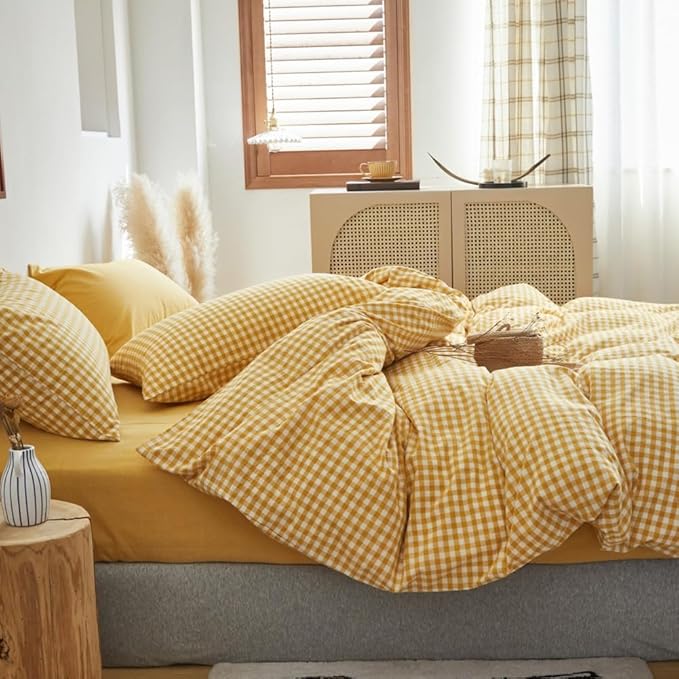 LifeTB Yellow Gingham Duvet Cover King 100% Washed Cotton Plaid Checked Duvet Cover Set Modern Soft 3 Piece Grid Bedding Set Breathable Gingham Checkered Comforter Cover with Zipper Ties