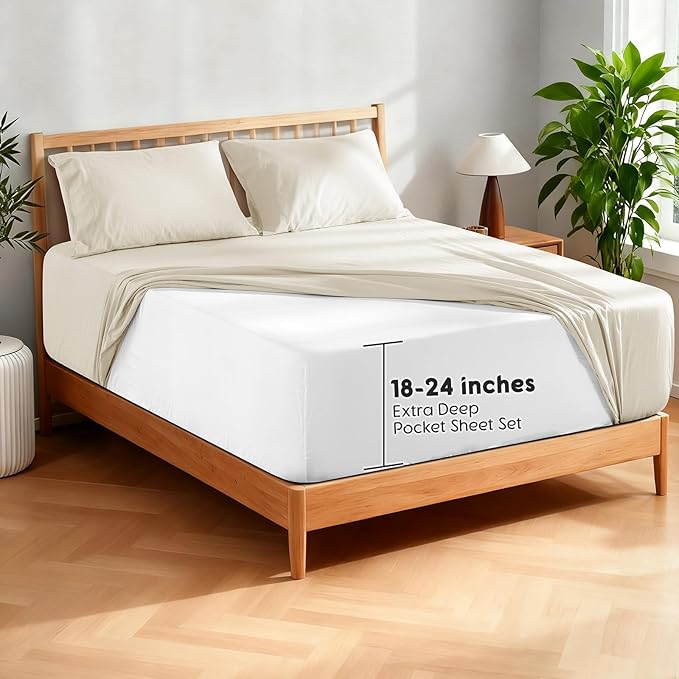 SONORO KATE 100% French Pure Linen Sheets, Extra Deep Pocket up to 18"-24", Breathable and Durable Linen Sheets, Anti-Tear Linen Bed Sheets, Machine Washable - 4 Piece (Cream, King(24" deep))