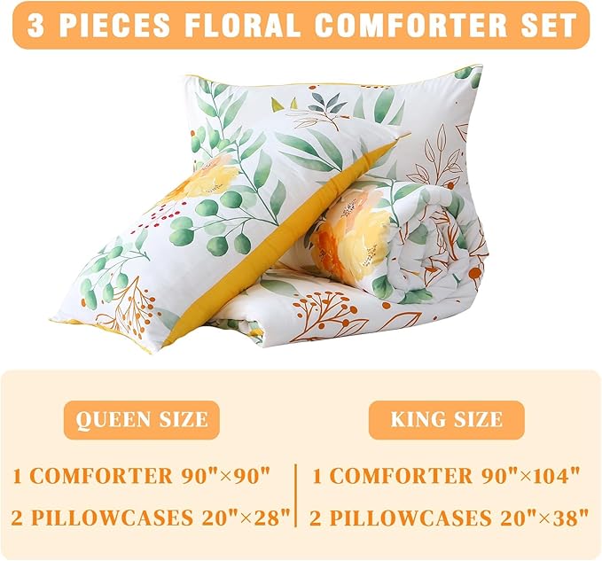 Queen Comforter Set Yellow 3 Pieces Bed in a Bag, Floral Bedding Sets Elegant Botanical Bed Set Lightweight Soft Comforter with 2 Pillowcases for All Season