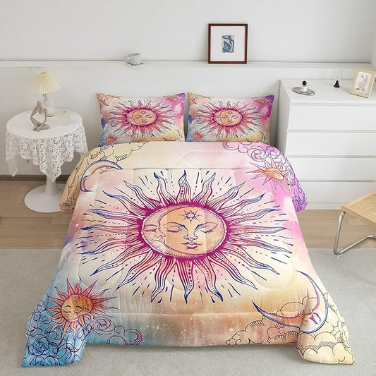 Sun and Moon Comforter Set Twin Stars Constellation Galaxy Bedding Set,Pink Blue Pastel Clouds Tie Dye Comforter For Kids Girls Women Boho Hippie Psychedelic Celestial Astrology Quilt Duvet Set 2 Pcs
