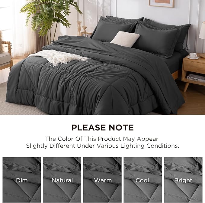 7 Pieces Queen Comforter Set - Utral Soft Microfiber Bedding Set, Thick Duvet Insert Bed in a Bag Without Rustling Noise for All Season, Dark Grey (88"x88")