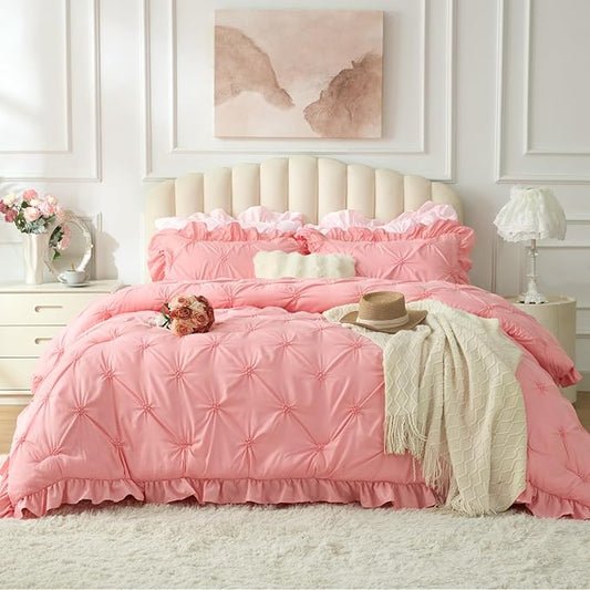 BEDELITE Pink King Size Comforter Set - 3 Pieces Boho Ruffle Pintuck Bedding Comforter Sets, Lightweight Soft & Warm King Bedding Set with 2 Pillowcases for All Season