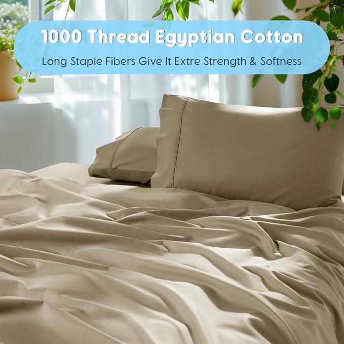 SONORO KATE 100% Egyptian Cotton Sheets Set, Extra Deep Pocket up to 18"-24",1000 High Thread Count, Soft & Breathable 5-Star Hotel Sateen Bed Sheets - 4 PC (Linen,Queen)