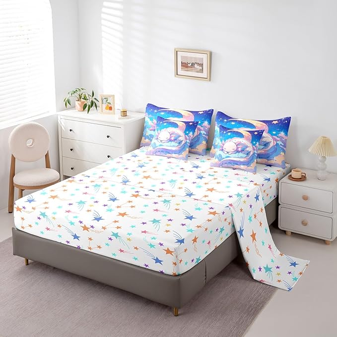 Feelyou Kids Cute Axolotl Bed in A Bag Twin Size, Galaxy 7 Pieces Bedding Set Boys Girls Cartoon Salamander Comforter Set with Sheets Kawaii Animal Teens Bed Set Bedroom Decor 7Pcs