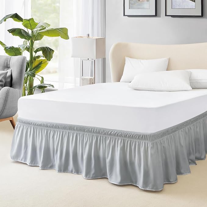 FreshCulture Elastic Wrap Around Bed Skirt - Easy Fit with 22-Inch Tailored Drop, Hotel Quality Dust Ruffle for Full Size Bed (Light Grey)