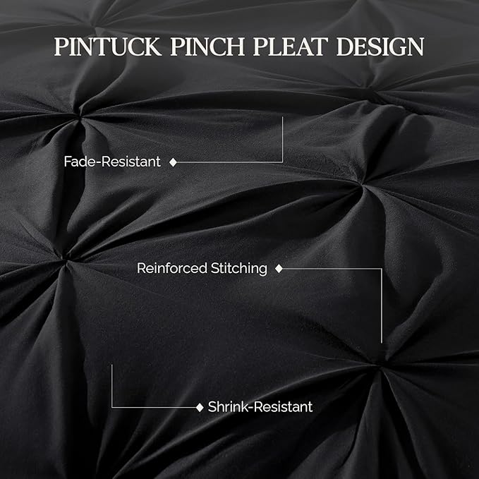 Andency Black Pinch Pleat Comforter Queen(90x90Inch), 3 Pieces(1 Pintuck Comforter and 2 Pillowcases) Pintuck Comforter Set, Microfiber All Season Down Alternative Bedding Set