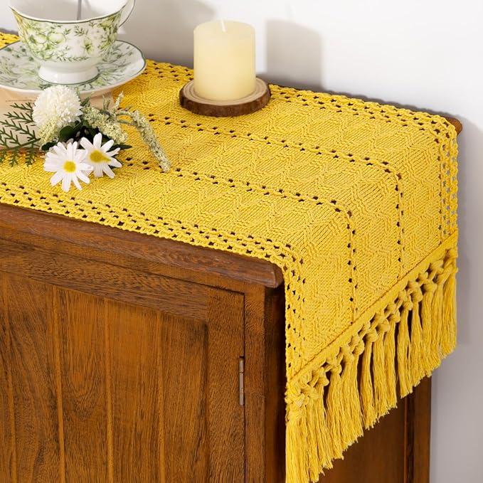 Socomi Boho Table Runner Easter Spring Farmhouse Rustic Dining Kitchen Centerpiece Decor Small Macrame Woven Cotton Linen Coffee Table Runner for Dresser Scarf Home Decor 12x48 in Yellow Gold