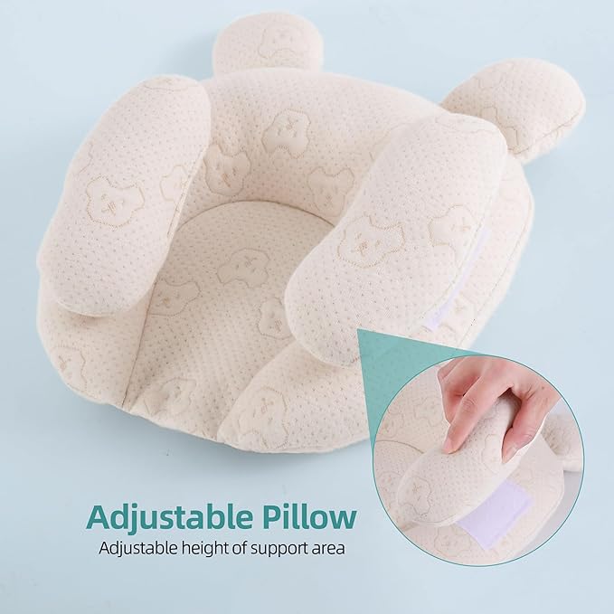 Portable Baby Pillow, Adjustable Cute Cartoon Bear Soft and Cozy Pillow, Ergonomic Design Soft Hypoallergenic Pillows for Newborn Babies Sleeping Prevent Flat Head