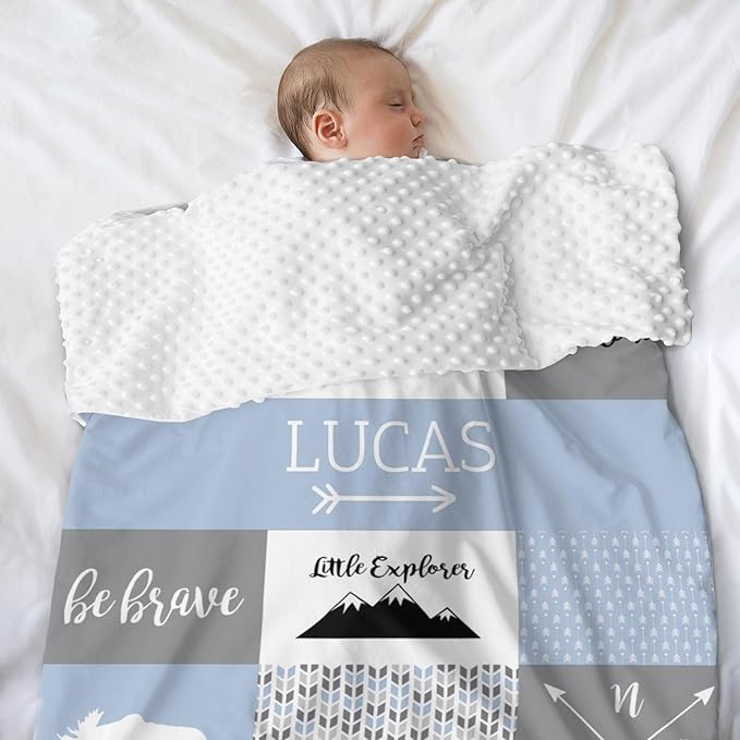 Personalized Baby Blanket, Woodland Baby Blankets for Boys, Super Soft Nursery Blankets with Cotton Front and Dotted Fleece Backing, Printed Bed Throws Newborn, Ashley Blue