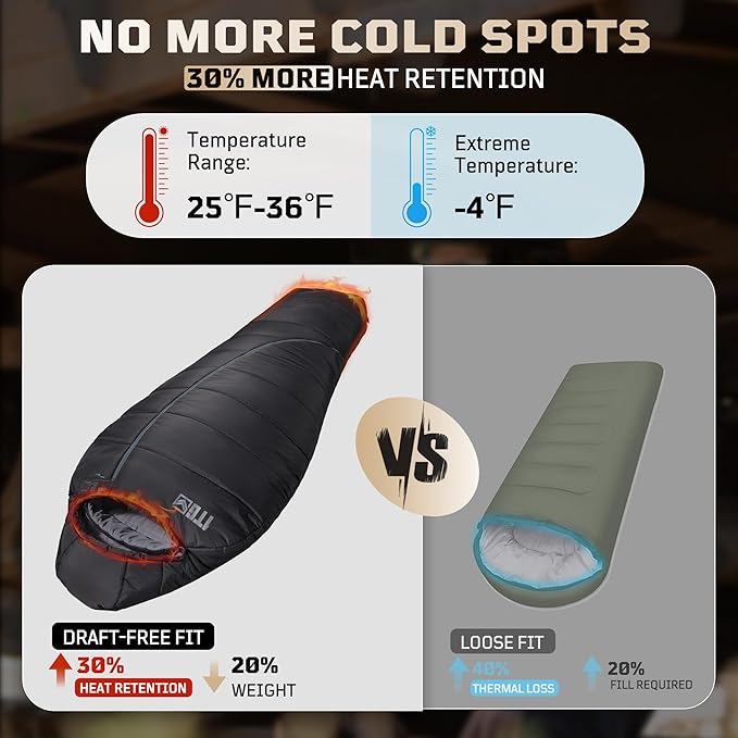 Sleeping Bag for Adults, 25-36℉Cold Weather Mummy Sleeping Bag, Lightweight 3–4 Season Winter Sleeping Bag with Adjustable Hood, Phone Pocket & Compression Sack for Camping Hiking Backpacking