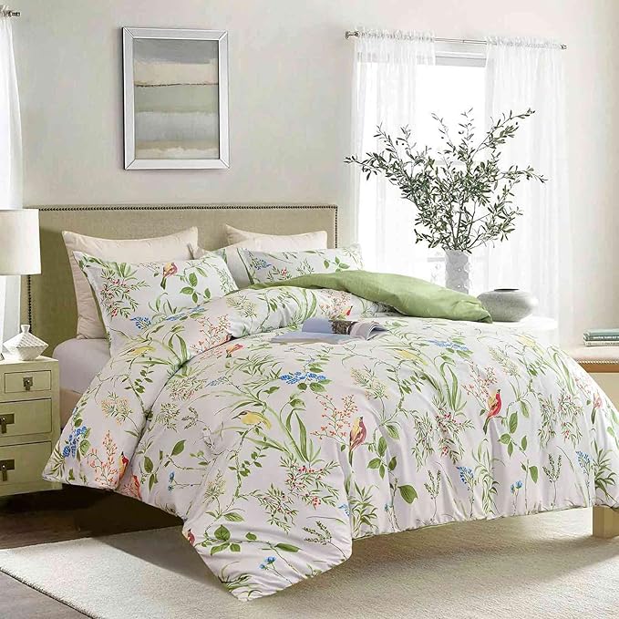 Nanko Queen Size Duvet Cover Set, Green Floral/Flower Leaf Bird Print Pattern, 3pc 90x90 Microfiber Comforter Quilt Bedding Cover with Zip Ties - Spring Modern Farmhouse for Men and Women Teen Girl
