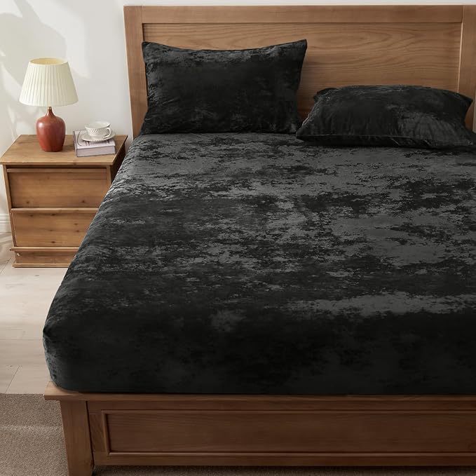 BEDELITE Velvet Fitted Sheet and Pillowcase Set, Luxury Soft Fuzzy Bottom Sheet with Reinforced Elastic Corner Straps, Deep Pocket up to 15 Inch, 1 Fitted Sheet and 1 Pillowcase (Twin XL, Black)