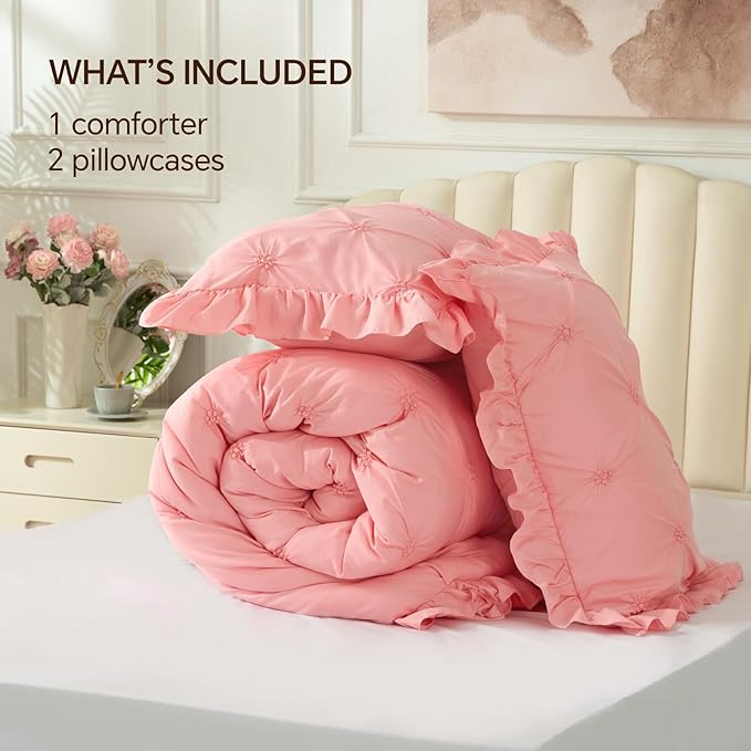 BEDELITE Pink Comforter Set Queen - 3 Pieces Boho Ruffle Pintuck Bedding Comforter Sets, Lightweight Soft & Warm Bed Comforter with 2 Pillowcases for Spring,Valentines Day Gift