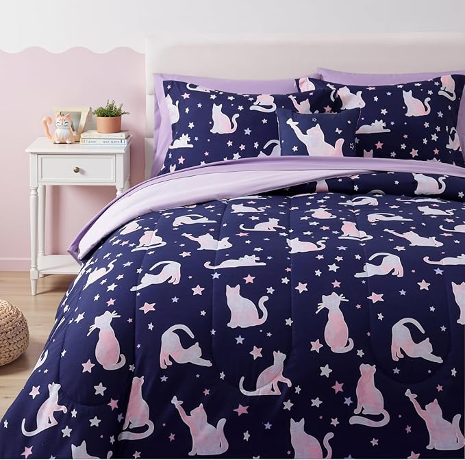Twin Comforter Set for Girls, Kids - 5 Pieces Cute Cat Patterns Twin Bedding Sets for Girls Boys Teen, Soft Cozy Bed in A Bag with Sheets