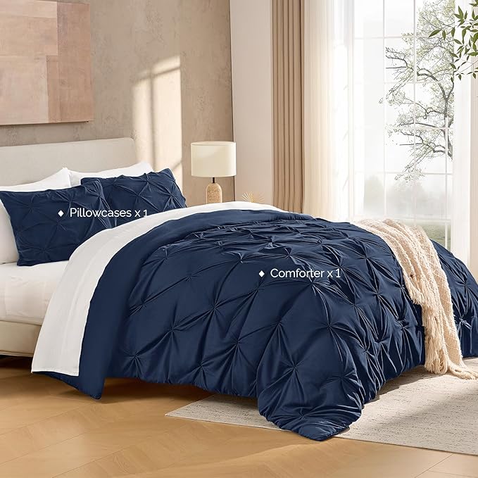 Andency Navy Blue Pinch Pleat Comforter Twin(66x90Inch), 2 Pieces(1 Pintuck Comforter, 1 Pillowcase) Microfiber Pintuck Comforter Set Down Alternative Comforter Bedding Set