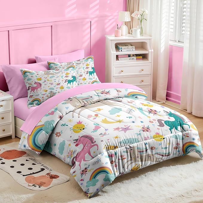 Nesker 7 Pcs Comforter Set Full Size, Cute Colorful Unicorns Bedding Set for Kids Teen, Cloud Rainbow with Fitted Sheet 2 Pillowcases & 2 Shams for Bedroom Bed Decor