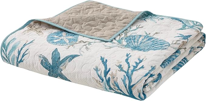 Madison Park Quilt Set Cottage Coastal Design, Starfish Print - All Season, Coverlet Bedspread Lightweight Bedding Layer, Shams, Toss Pillows, King/Cal King(104"x94"), Pebble Beach Aqua 6 Piece
