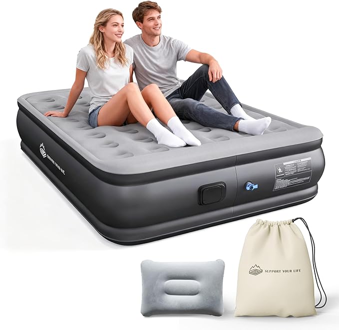 Queen Air Mattress with Built in Pump, 18" Upgraded One-Touch Inflatable Airbed for Home, Camping Guests, Portable Blow Up Mattress, 770lbs Capacity