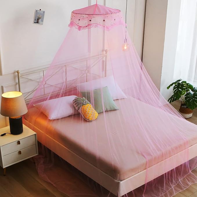 VISATOR Mosquito Net Bed Canopy for Girls,King Canopy Bed Curtains Queen Size from Ceiling,Dome Mosquito Netting Bed Tent Twin Girls Canopy Bed Decor for Baby Crib,Kid Bed and Adult Beds (Pink Dome)