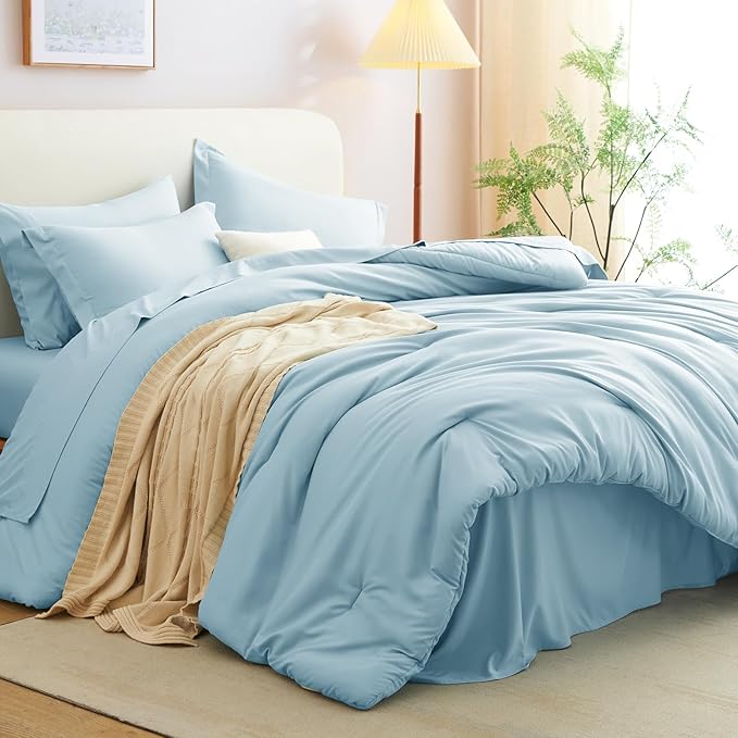 CozyLux King Size Comforter Set Light Blue, 7 Pieces Bed in a Bag King Comforter Set with Sheets, Bedding Set with Down Alternative Comforter, Fitted Sheet, Flat Sheet, Pillow Shams and Pillowcases