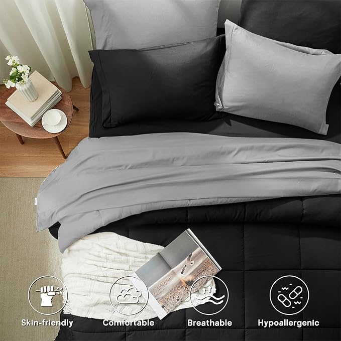 Anluoer Twin Size Bed in a Bag 5 Pieces, Black and Grey Bed Comforter Set with Sheets, All Season Bedding Sets with 1 Comforter, 1 Pillow Sham, 1 Pillowcase, 1 Flat Sheet, 1 Fitted Sheet