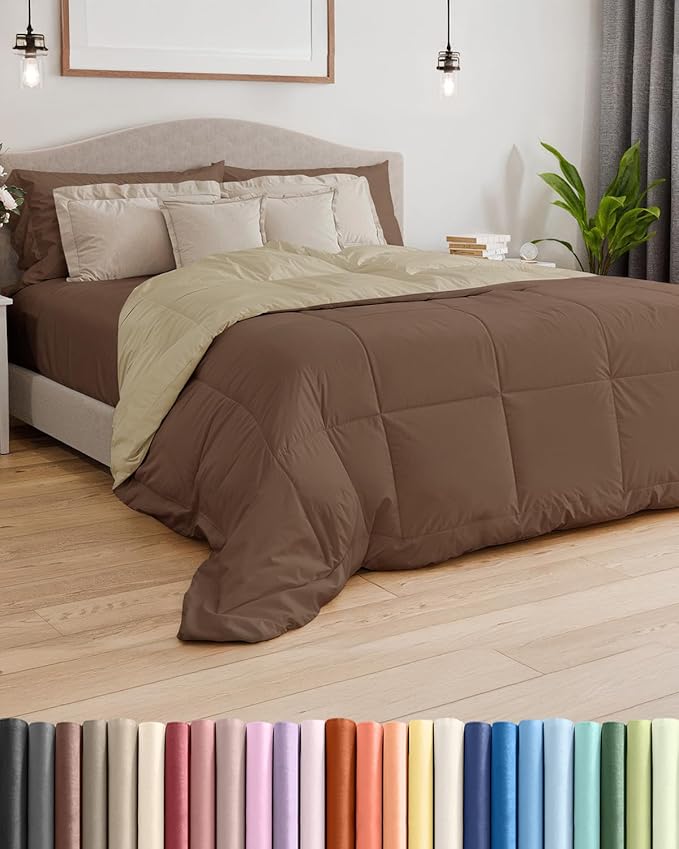 Queen Size, Brown/Beige Alternative Down Comforter - Warm, Lightweight & Breathable Hotel Quality Bedding for Men, Women, Kids & Teens - All Season Oversized Cooling Microfiber Duvet Insert Comforter