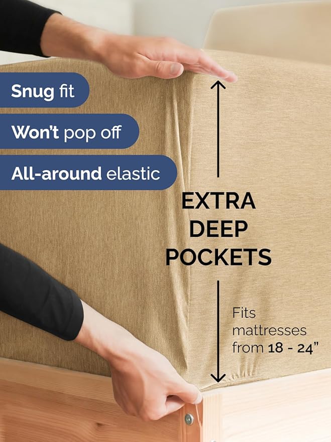 Extra Deep Twin XL Sheet Set - 4 Piece Breathable and Cooling Sheets - Hotel Luxury Bedding for Women, Men, Kids & Teens - Easy Secure Fit - Soft & Wrinkle Free - Extra Deep Pockets - Heathered Tan