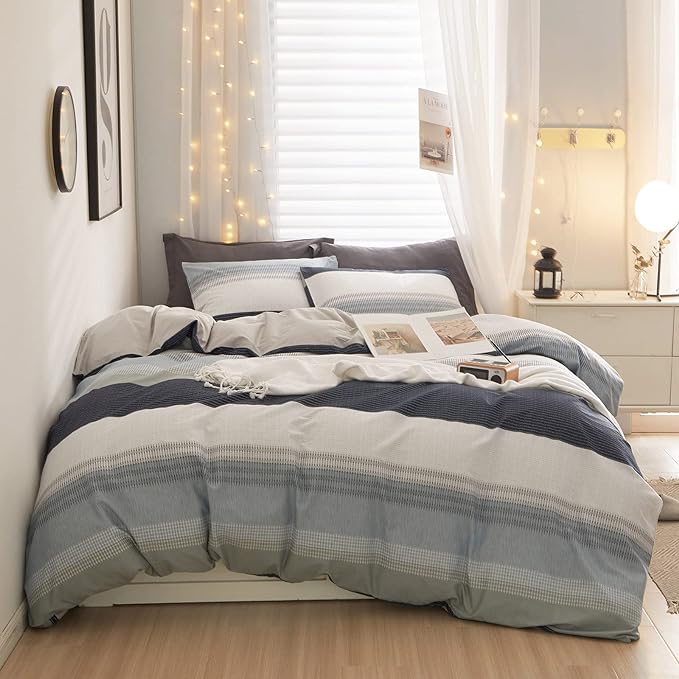 LifeTB Cotton Stripe Duvet Cover Full Size Gray Blue White Stripe Comforter Cover Modern Style Geometric Stripe Bedding Set for Men Boy Teen Boho Stripe Duvet Comforter Cover with Zipper Closure