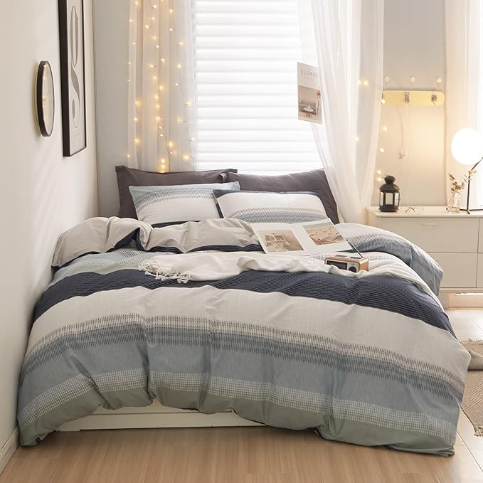 LifeTB Cotton Duvet Cover Queen White Blue Gray Stripe Comforter Cover Geometric Stripe Bedding Set Modern Soft Duvet Cover for Men Boy Teen Boho Queen Duvet Cover Set