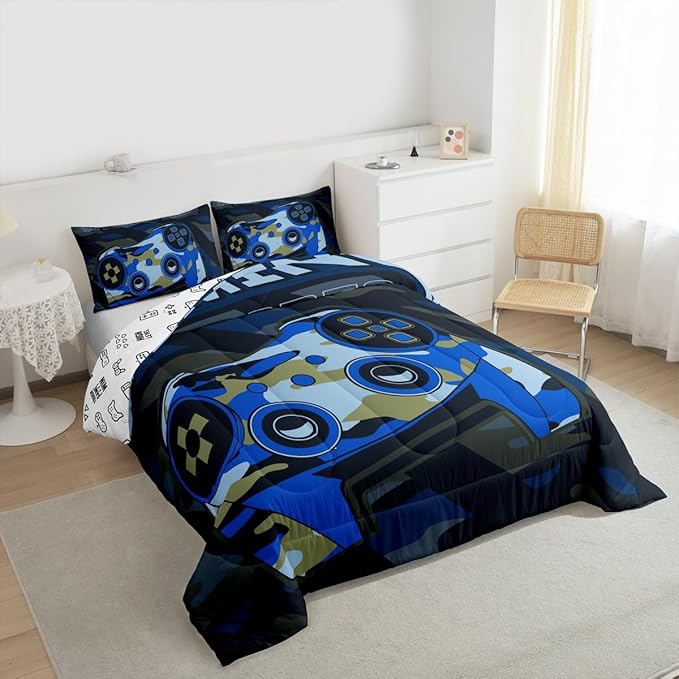 Feelyou Boys Gaming Comforter Set Toddler Size Teens Gamer Bedding Set Retro Blue Camouflage Video Game Controller Comforter for Kids Youth Bedroom Decor Gamer Console Action Buttons Duvet Set