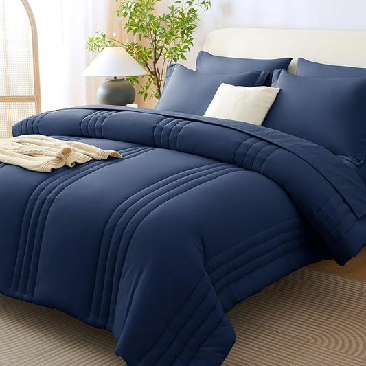 CozyLux California King Size Comforter Set - 7 Pieces Bed in a Bag Navy Blue Comforter Set with Sheets Cal King, Soft Bedding Set with Down Alternative Comforter, Sheets, Pillowcases & Shams