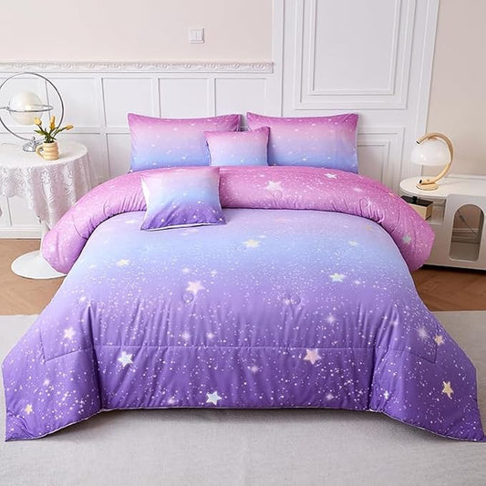 Pink and Purple Comforter Set Queen,Girls Galaxy Comforter Set,Purple Bedding Set Queen,Bed in A Bag Comforter for Children Girls Teen Kids,Bedroom Comforter Decoration Queen 7Pcs