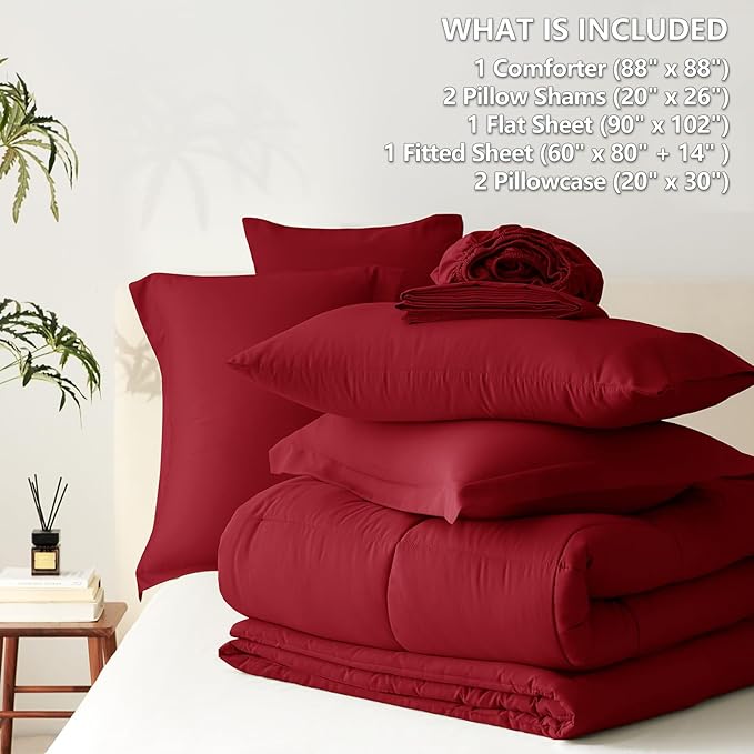 CozyLux Queen Comforter Set Dark Red - 7 Pieces Bed in a Bag Queen, All Season Breathable Bedding Sets, Oeko-Tex Certified Bed Set with Down Alternative Comforter, Sheets, Pillowcases & Pillow Shams