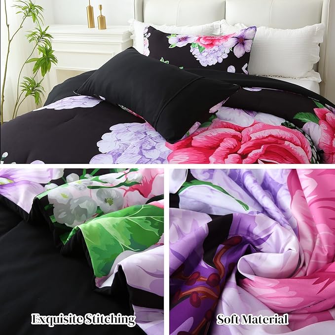 Floral Comforter Set Queen Size, 3 Pieces Elegant Black Floral Bed in a Bag, Soft Microfiber Botanical Flower Bedding Set with 2 Pillowcases for All Season 90"×90"