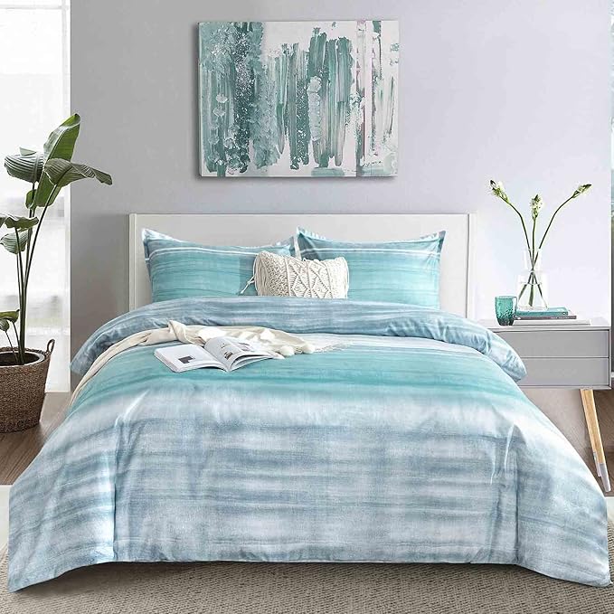 Faincy 7 Pcs Queen Size Comforter Set with Sheets, Blue, Grey and Teal Striped Pattern Print Alternative Bed Sets - 90 x 90 Soft Microfiber Modern Abstract Bedding in a Bag for Women Men, Gray