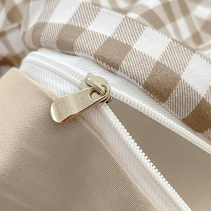 Nayoroom Gingham Duvet Cover Queen Size Brown Tan Plaid Checkered Comforter Cover 3 Pieces Soft Lightweight Washed Microfiber Farmhouse Grid Dorm Bedding Set with Pillowcases