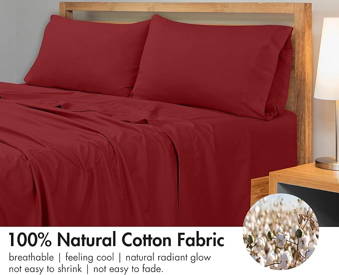 Royale Linens 300 Thread Count 100% Long Staple Combed Cotton Flat Sheet - Super Soft - Top Sheets - King Flat Sheet Sold Separately - Breathable, Cool & Crisp Percale Sheets Only (King, Red)