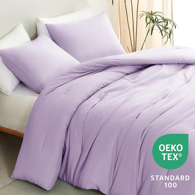 CozyLux Lavender King Size Comforter Set, 3 Pieces Light Purple Solid Breathable Quilted Bedding Sets, Luxury Fluffy Soft Bed Set with Down Alternative Comforter and 2 Pillowcases for All Season