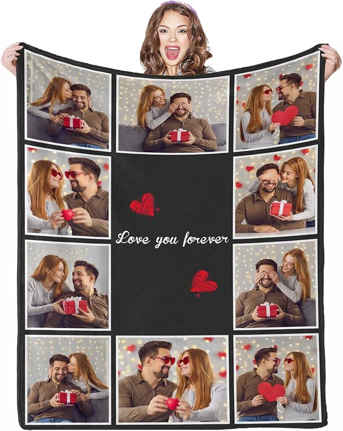 Blanket with Pictures Customized, 10 Photos Personalized Blankets Custom Blanket Personalized Picture Blankets for Couple Birthday Gifts for Wife Husband, 8 Sizes