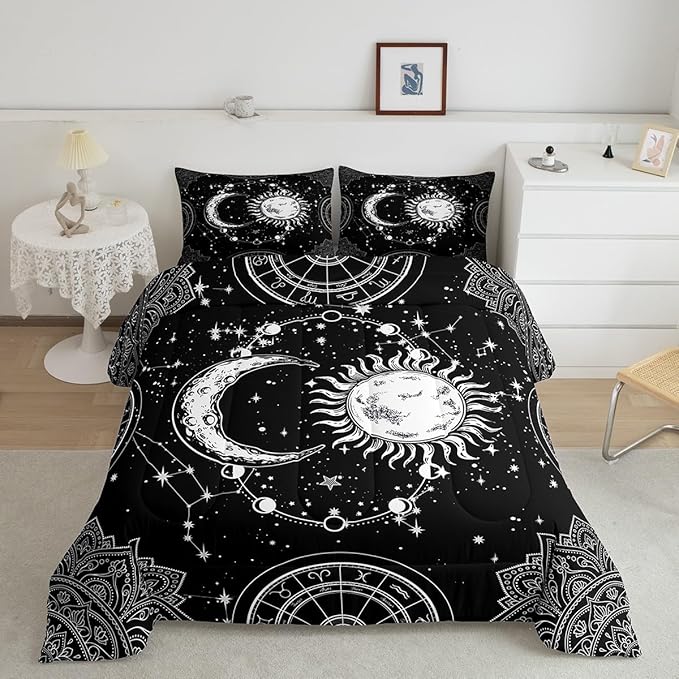 Sun and Moon Bedding Set Constellation Galaxy Comforter Set for Kids Boys Girls Teens Psychedelic Boho Mandala Comforter Breathable Celestial Duvet Set Black White Room Decor Quilt Cover Queen Size