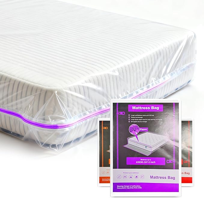 Gooo&Ma 6Mil Thicken Mattress Bag for Moving, Waterproof Zippered Mattress Cover for Storage, Reusable Plastic Encasement, Tear Proof Dust Proof Protection（Queen、Purple）